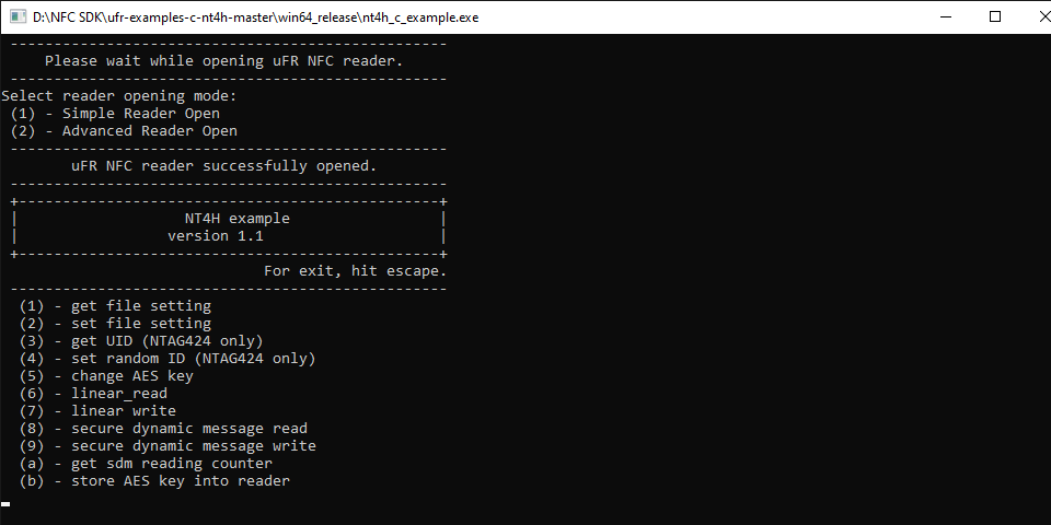 D NFC SDK ufr examples c nt4h master win64 release nt4h c example.exe 27 08 2020 13 37 35